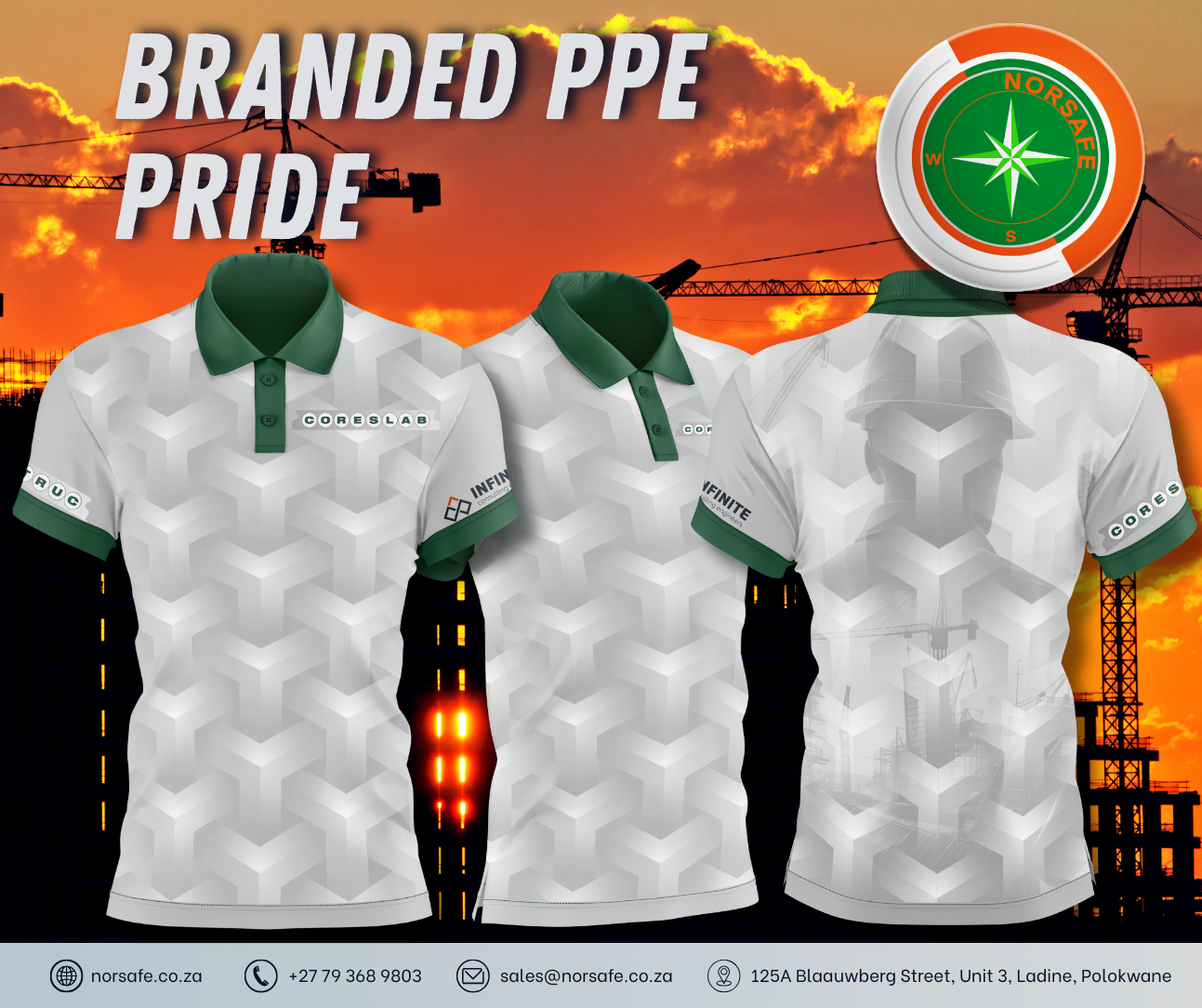 Branded PPE pride — sublimated polo shirts and PPE against crane skyline