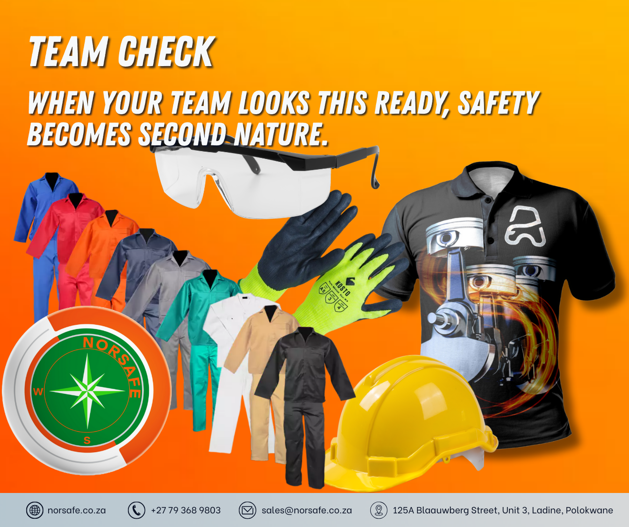 PPE team checklist items including helmet, gloves, goggles and workwear